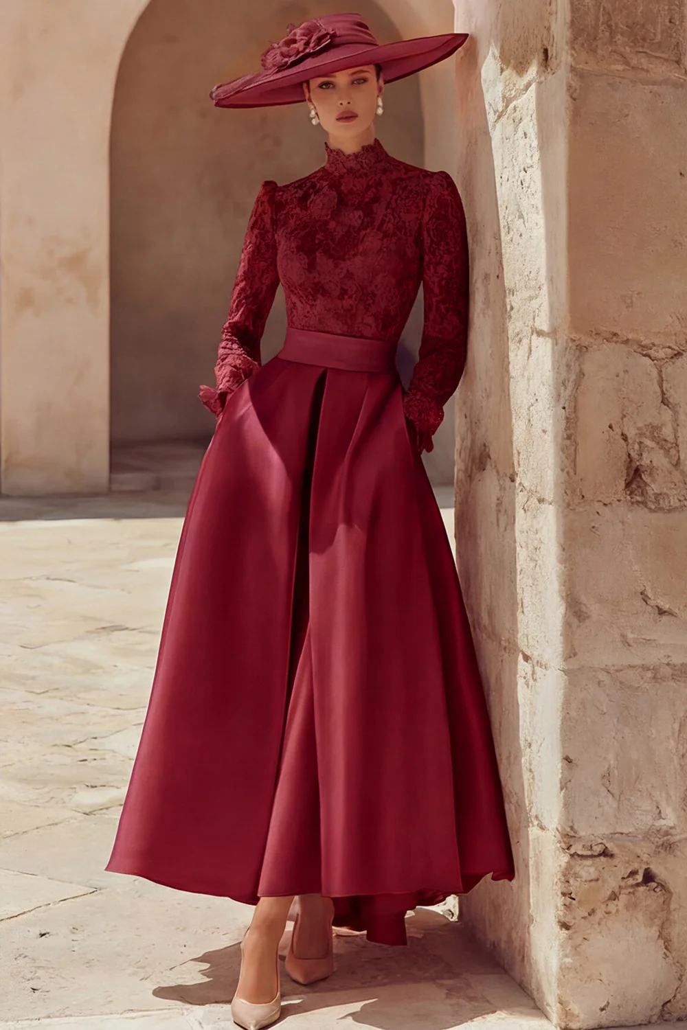 Candy Pink High Neck A Line Long Mother of the Bride Dress with Lace - Image 9