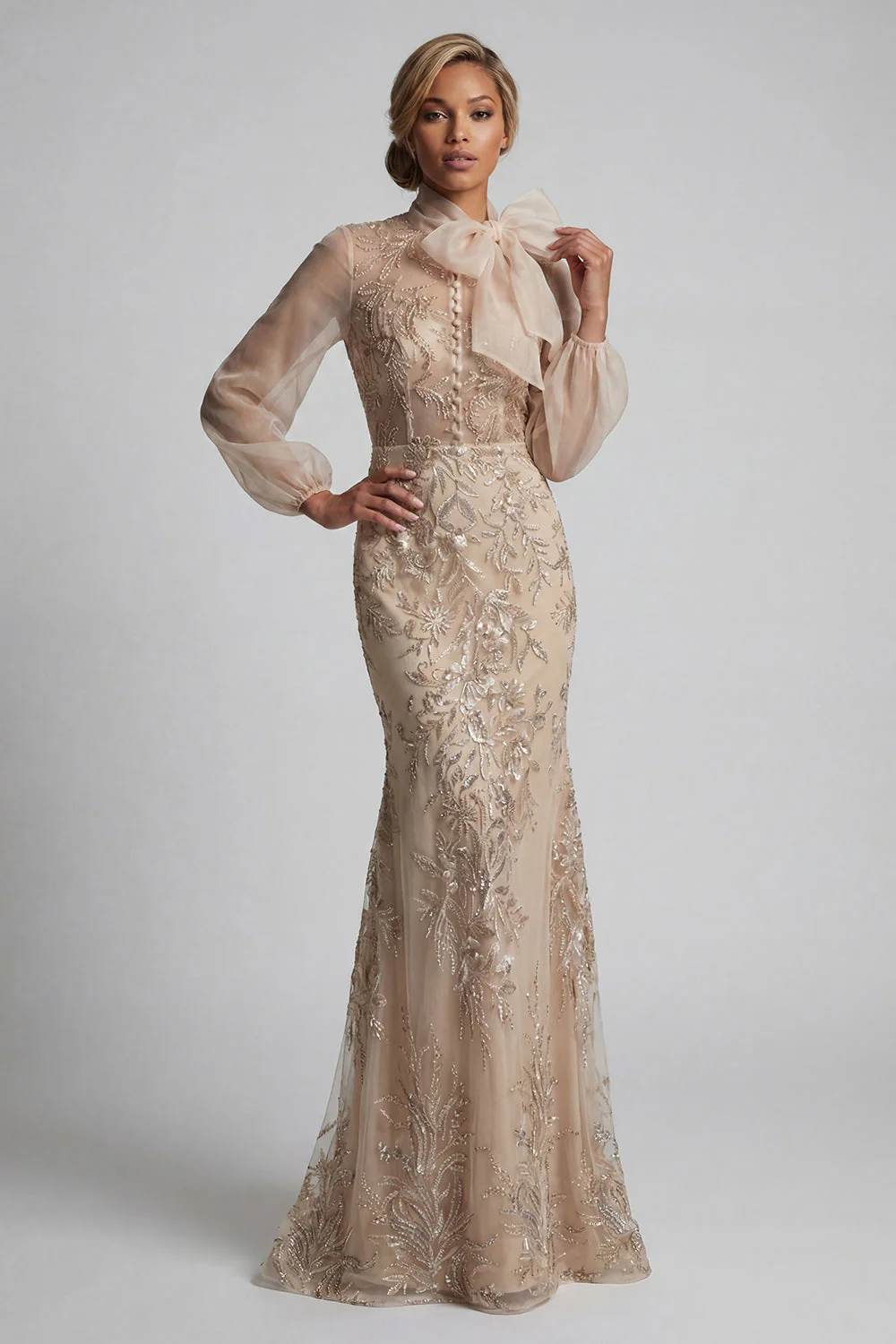 Champagen Mermaid High Neck Long Mother of the Bride Dress with Bow - Image 3