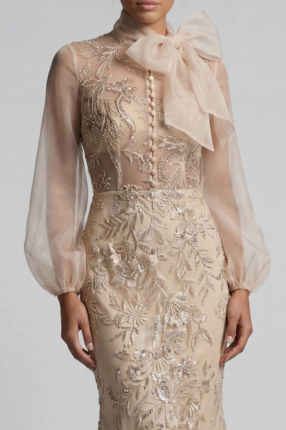 Champagen Mermaid High Neck Long Mother of the Bride Dress with Bow - Image 4