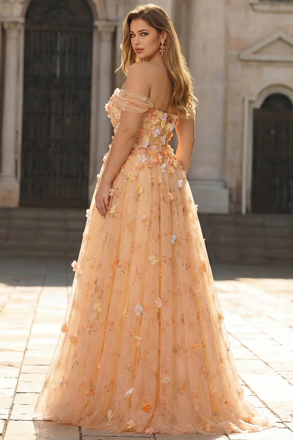 Champagn Appliqued A-Line Off The Shoulder Convertible Long Plus Size Prom Dress - Image 2