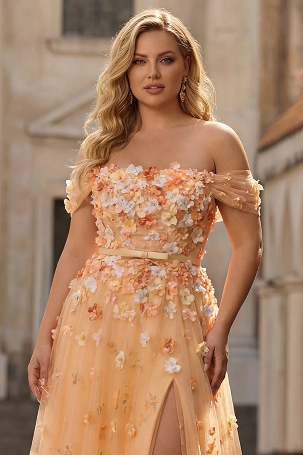 Champagn Appliqued A-Line Off The Shoulder Convertible Long Plus Size Prom Dress - Image 6