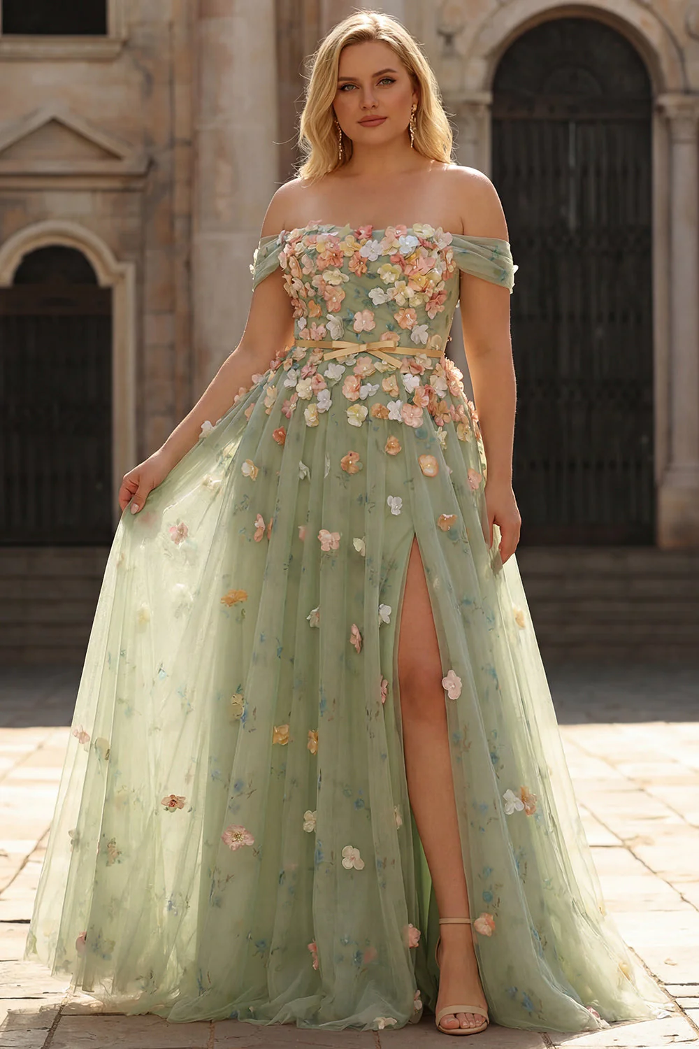 Champagn Appliqued A-Line Off The Shoulder Convertible Long Plus Size Prom Dress - Image 7