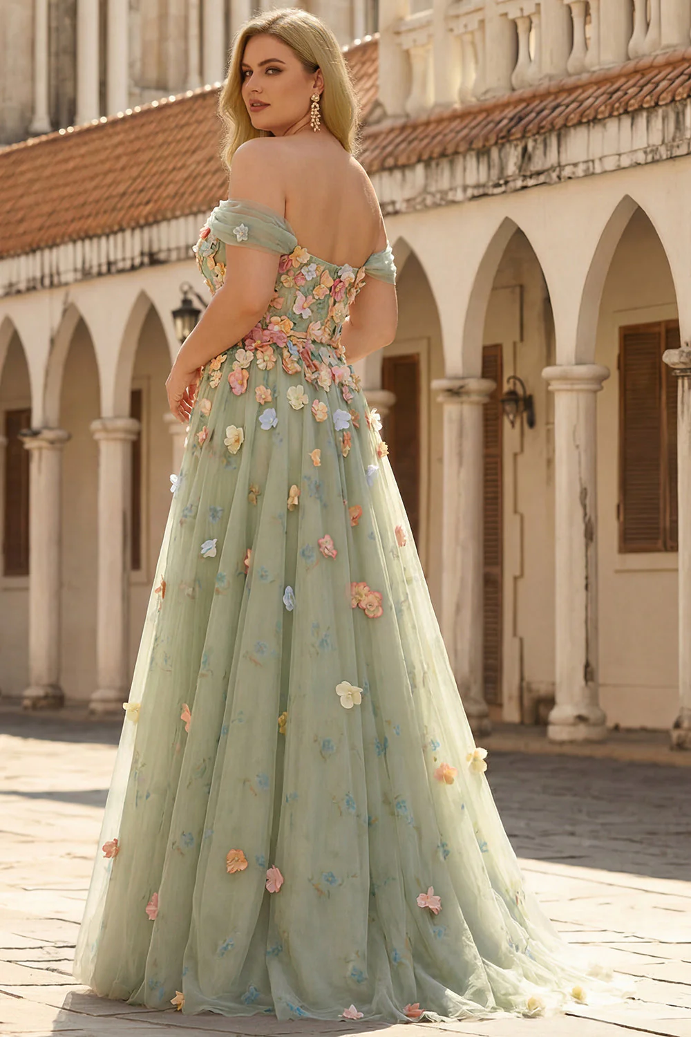 Champagn Appliqued A-Line Off The Shoulder Convertible Long Plus Size Prom Dress - Image 8