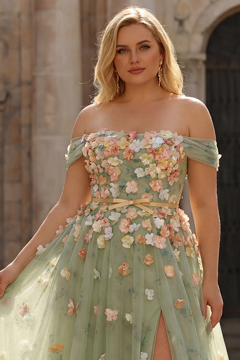 Champagn Appliqued A-Line Off The Shoulder Convertible Long Plus Size Prom Dress - Image 9