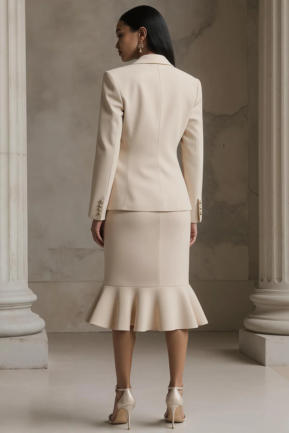 Champagne 2 Piece Notched Lapel Pencil Midi Business Dress - Image 2