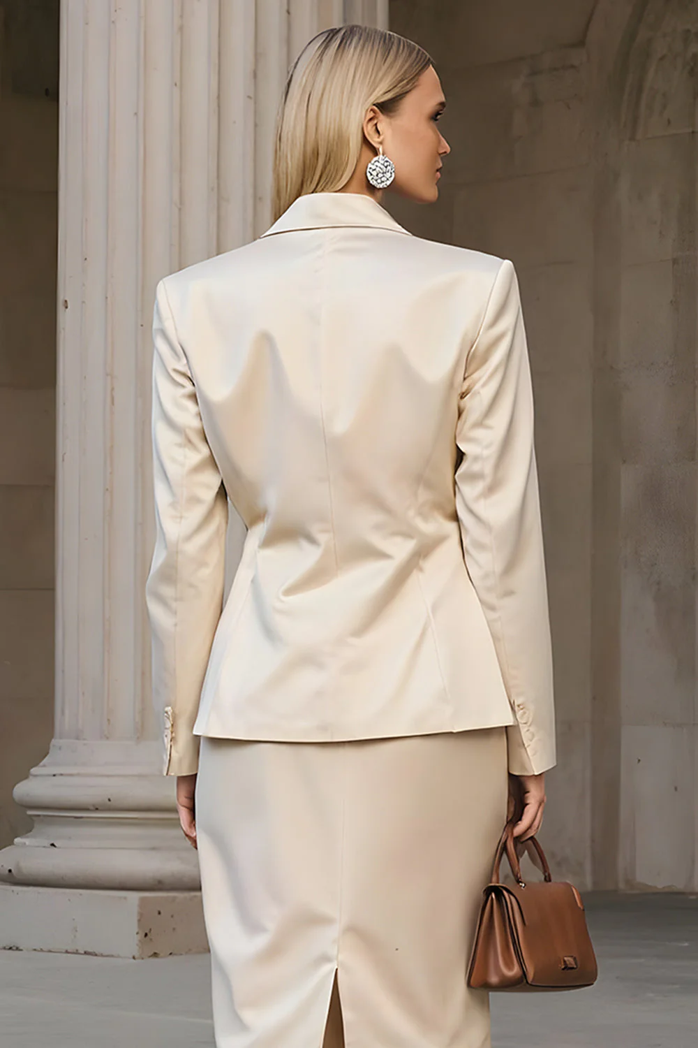Champagne 2 Piece Peak Lapel Pencil Midi Business Suits - Image 4