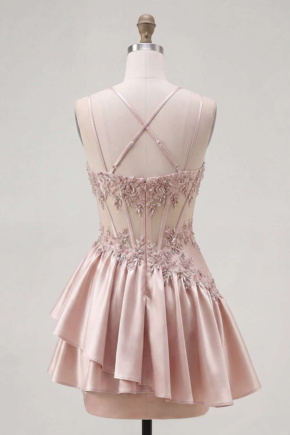 Champagne A-Line Corset Ruched Cocktail Dress with Beading - Image 2