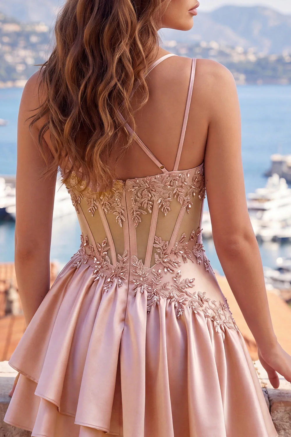 Champagne A-Line Corset Ruched Cocktail Dress with Beading - Image 6