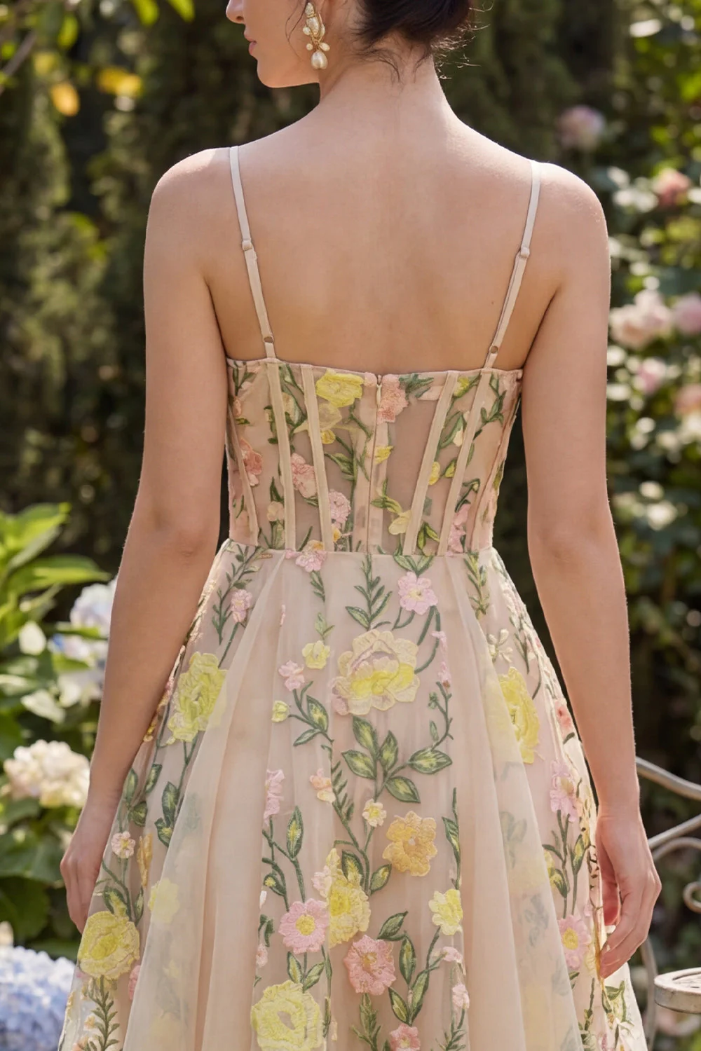 Champagne A Line Tulle Embroidered Corset Mini Cocktail Dress - Image 4