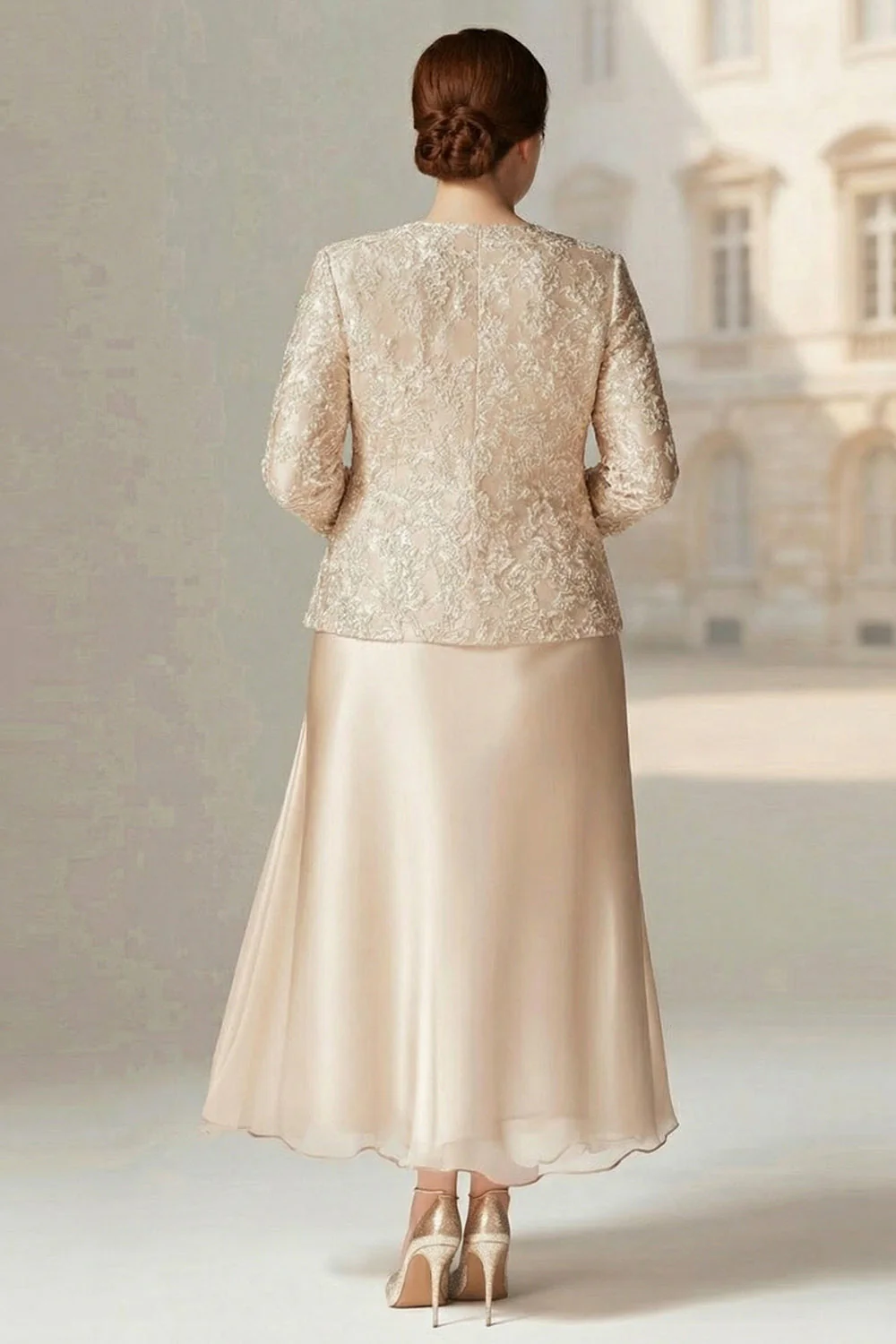 Champagne A Line Two Piece Plus Size Mother Of The Bride Dress with Long Sleeve - Image 2