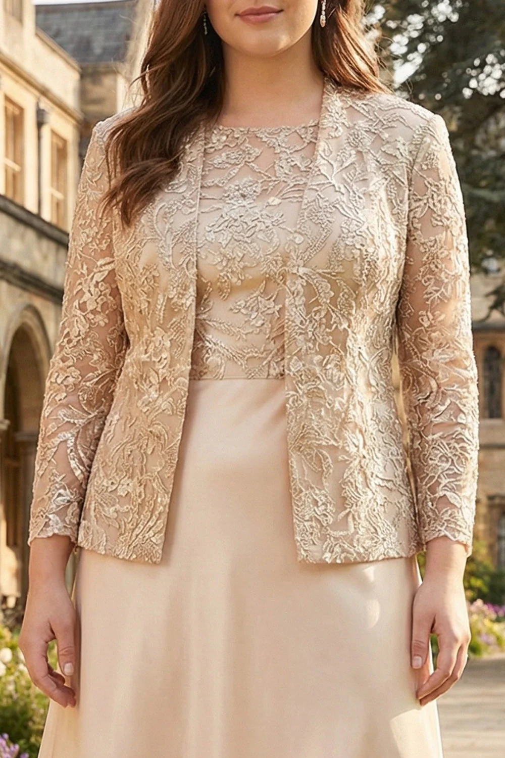 Champagne A Line Two Piece Plus Size Mother Of The Bride Dress with Long Sleeve - Image 3