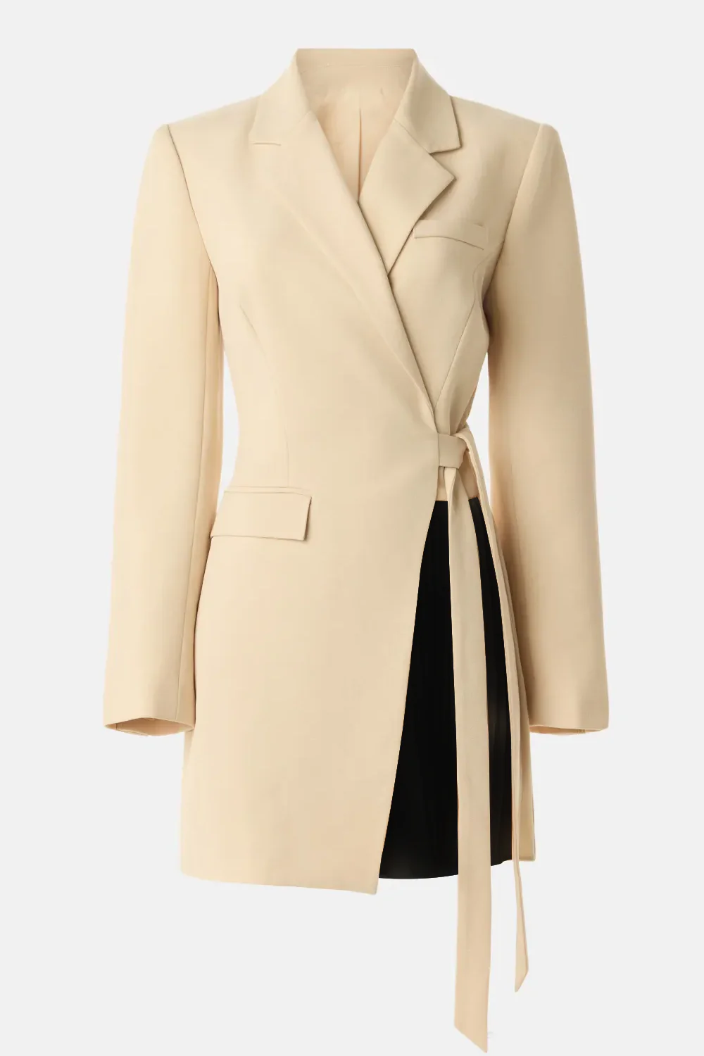 Champagne and Black A Line Notched Lapel Long Sleeves Short Work Dress with Sash - Image 2