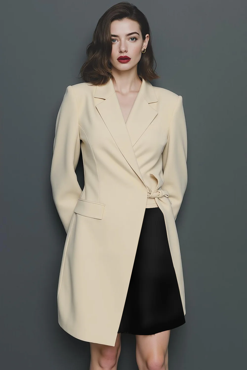 Champagne and Black A Line Notched Lapel Long Sleeves Short Work Dress with Sash - Image 3