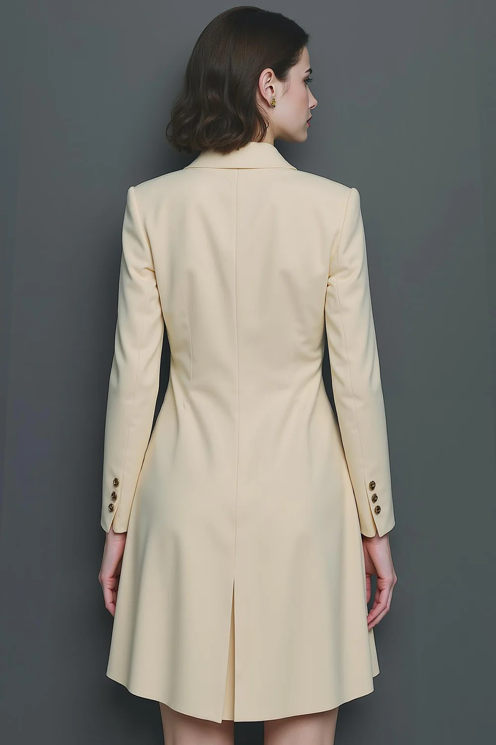 Champagne and Black A Line Notched Lapel Long Sleeves Short Work Dress with Sash - Image 4