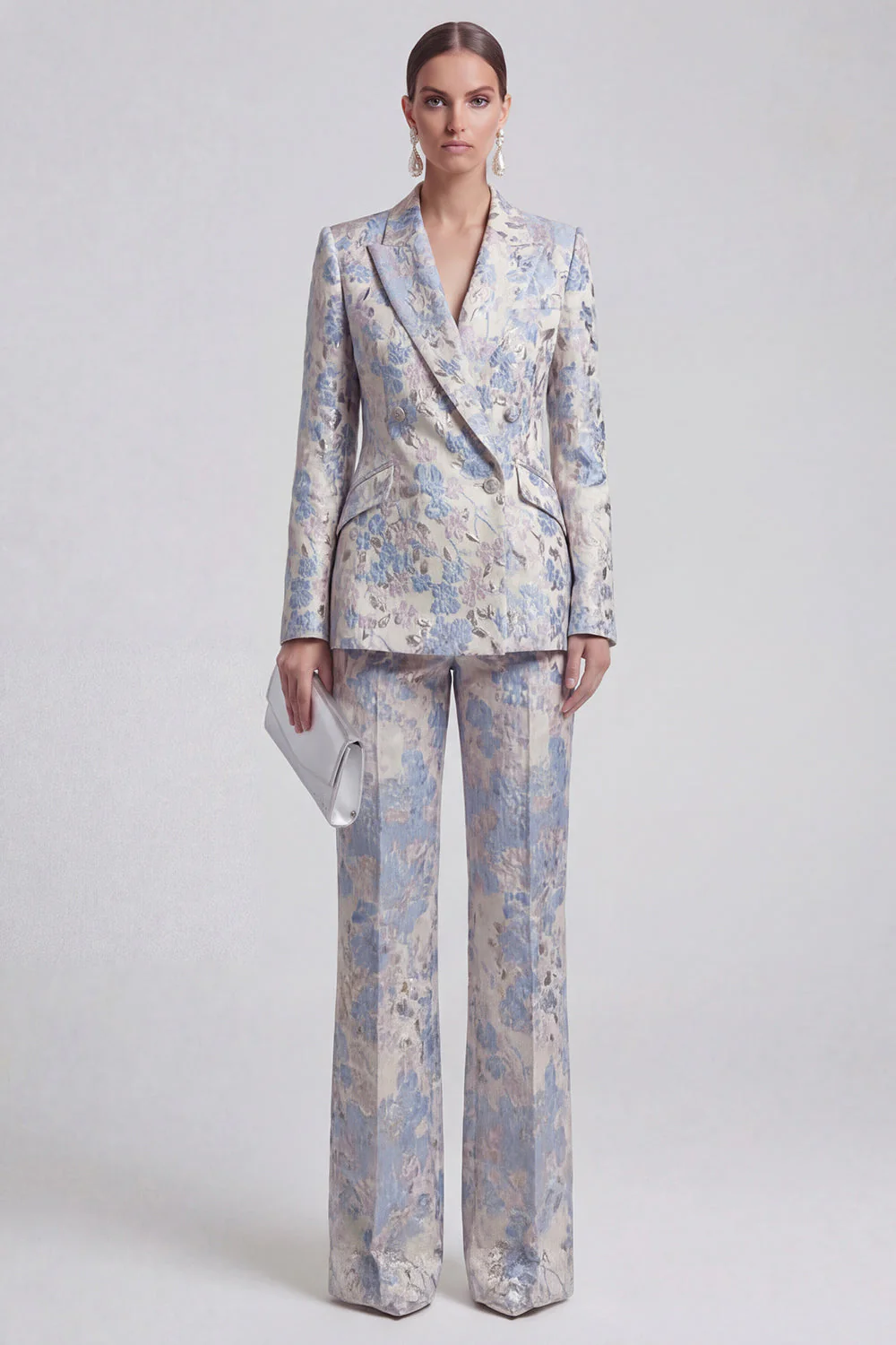 Champagne 2 Piece Floral Peak Lapel Double Breasted Prom Suits - Image 5