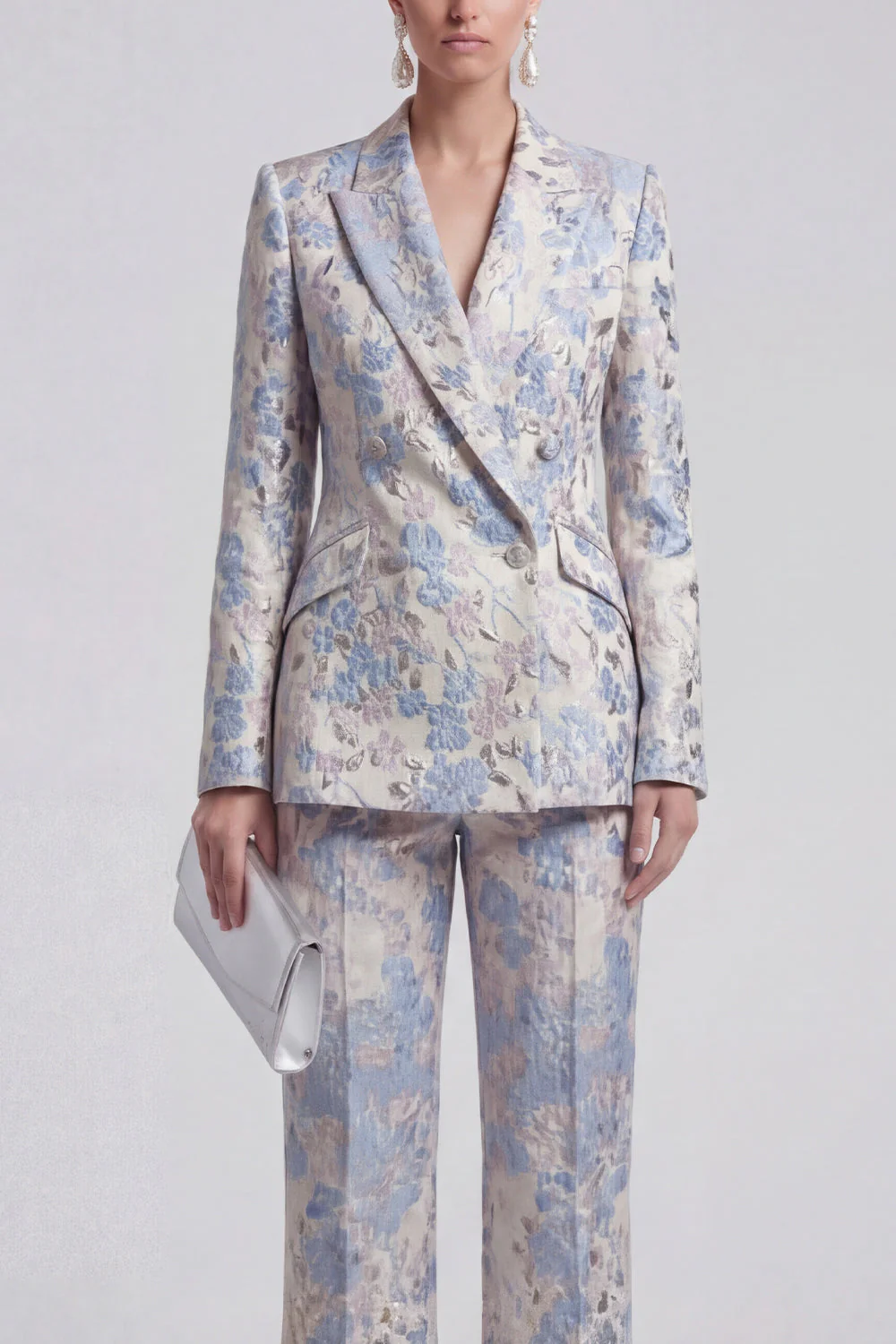 Champagne 2 Piece Floral Peak Lapel Double Breasted Prom Suits - Image 7