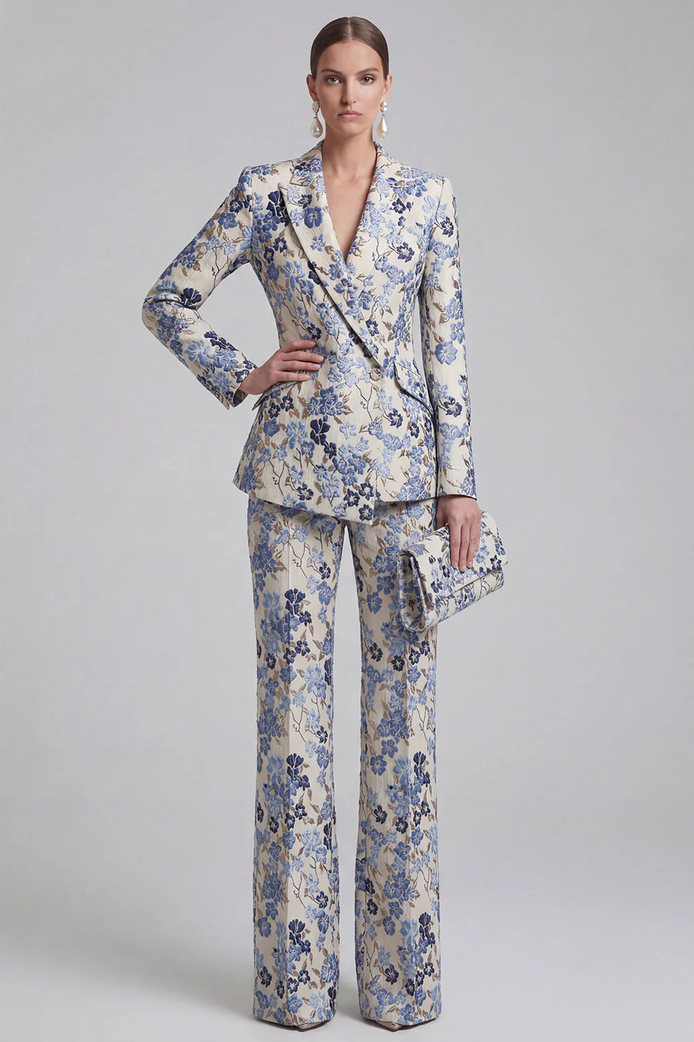 Champagne 2 Piece Floral Peak Lapel Double Breasted Prom Suits - Image 9