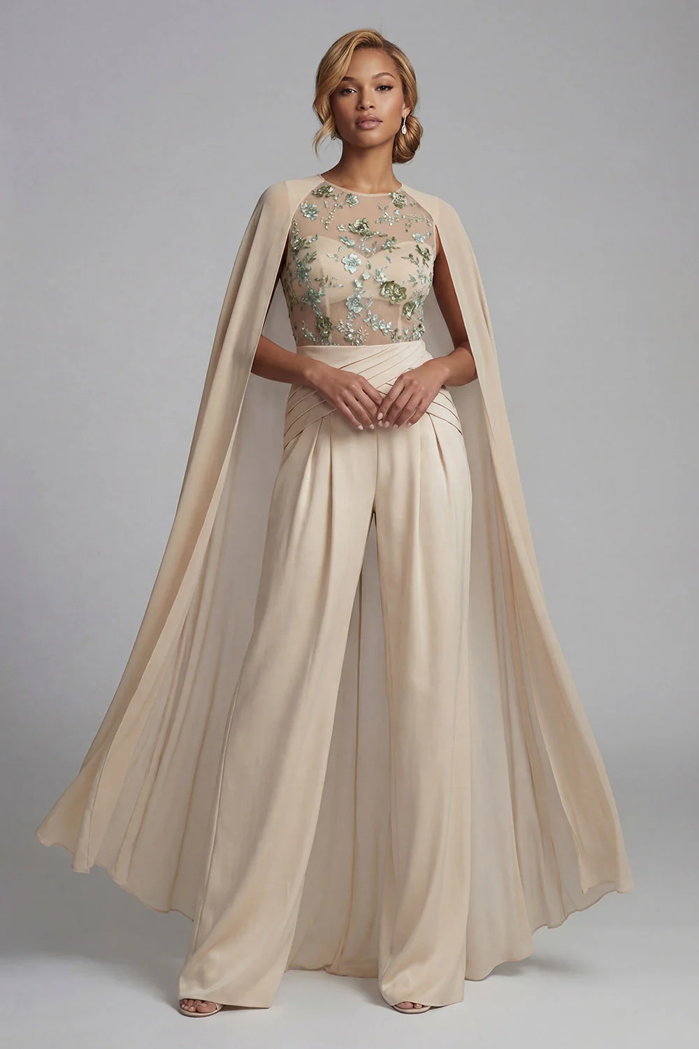 Champagne Applique Round Neck Mother of the Bride Jumpsuit with Cape - Image 3