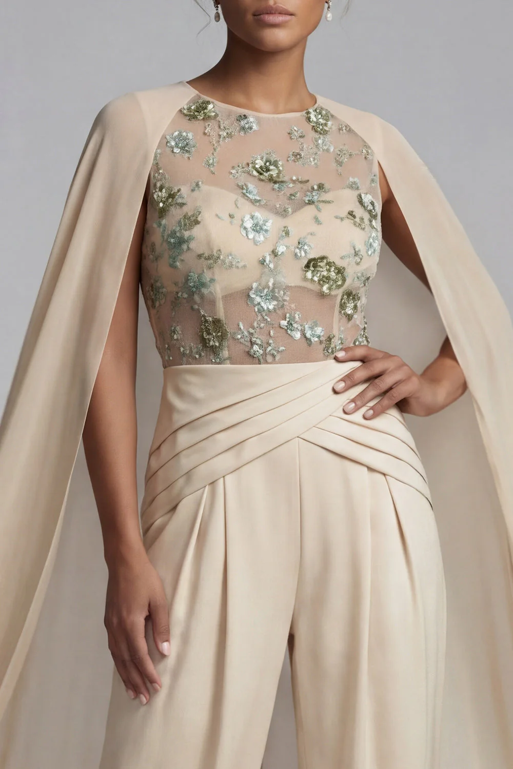 Champagne Applique Round Neck Mother of the Bride Jumpsuit with Cape - Image 4