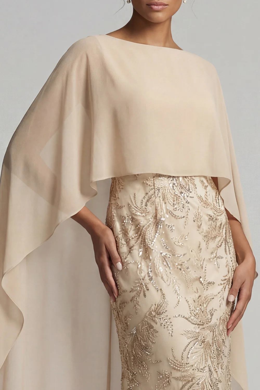Champagne Mermaid Long Mother of the Bride Dress with Cape - Image 3