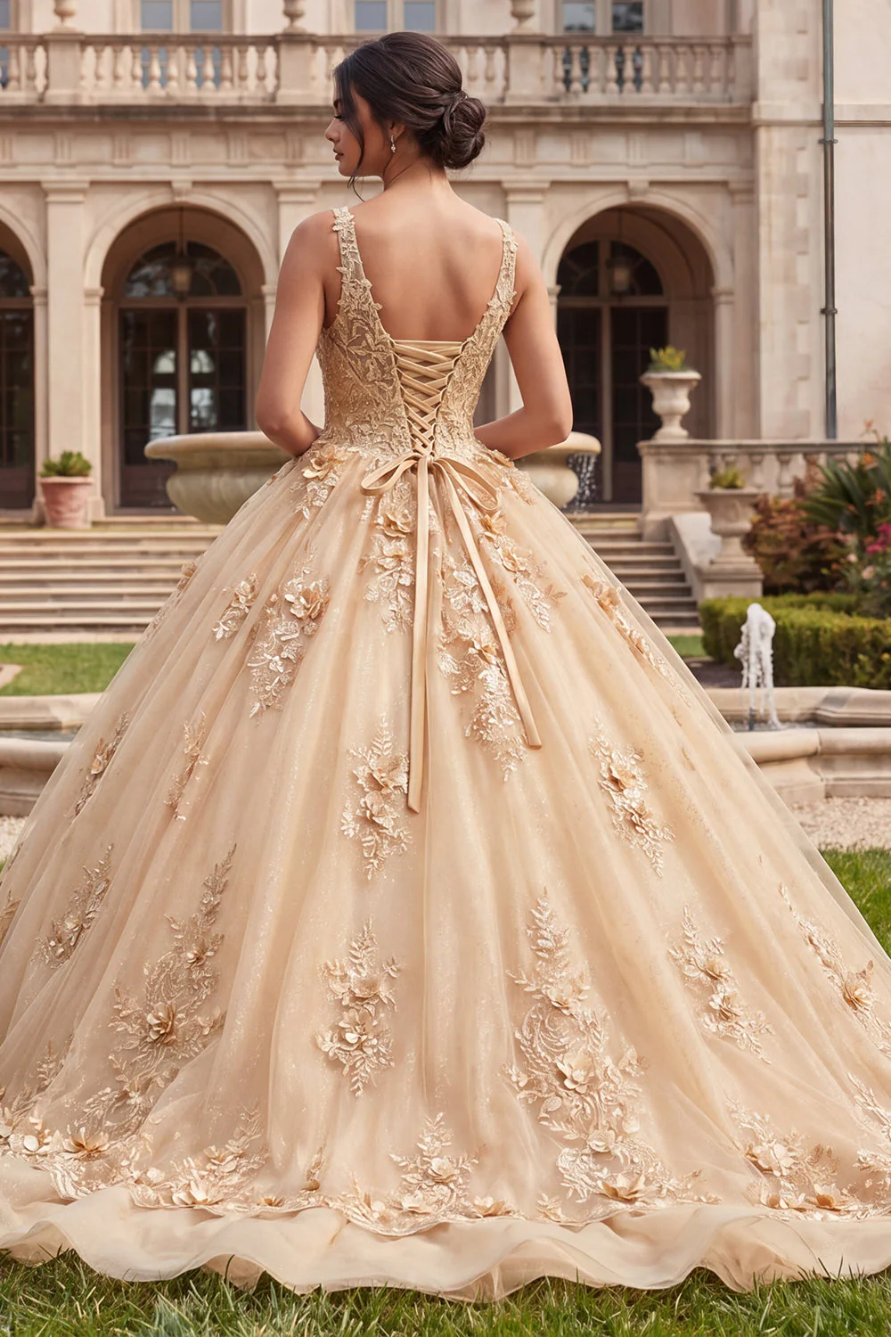 Champagne Ball Gown Appliqued V Neck Quinceanera Dress - Image 2