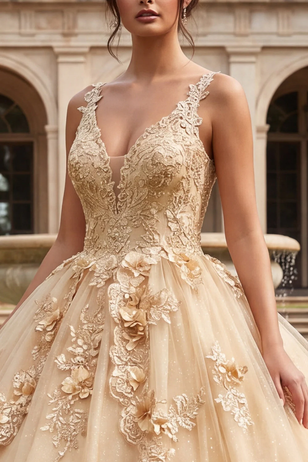 Champagne Ball Gown Appliqued V Neck Quinceanera Dress - Image 3