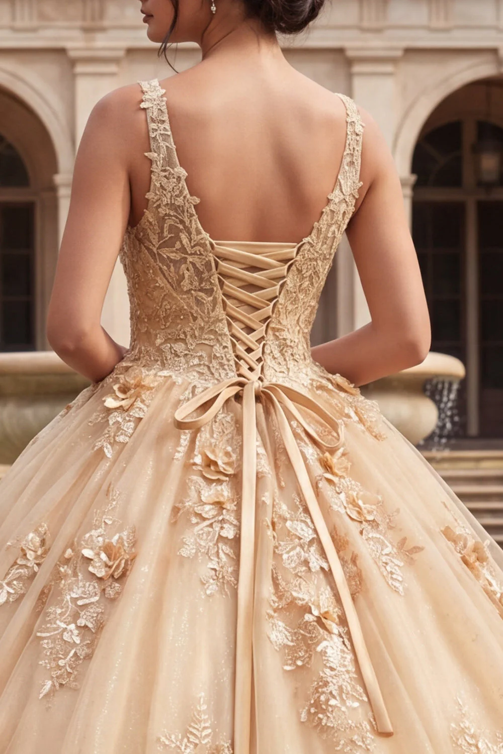 Champagne Ball Gown Appliqued V Neck Quinceanera Dress - Image 4