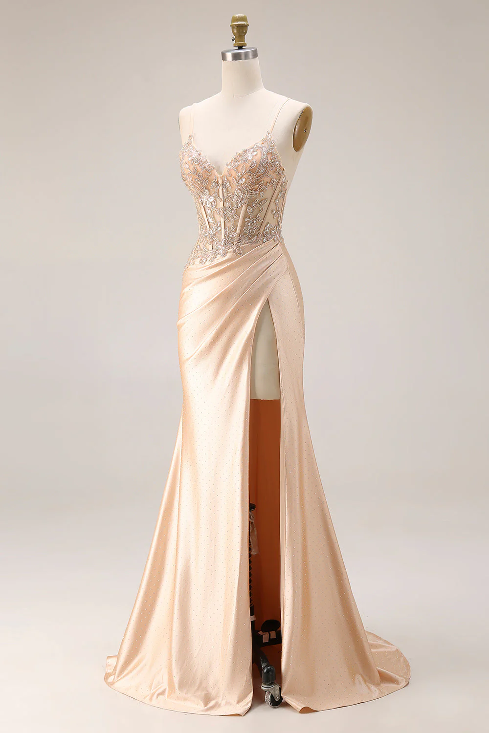 Champagne Beaded Mermaid Corset Long Satin Prom Dress with Slit - Image 3