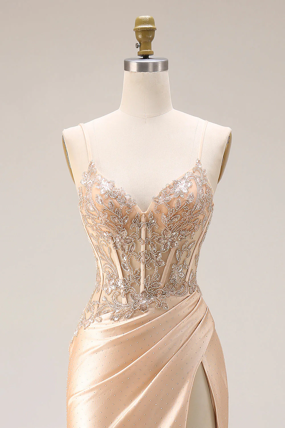Champagne Beaded Mermaid Corset Long Satin Prom Dress with Slit - Image 4