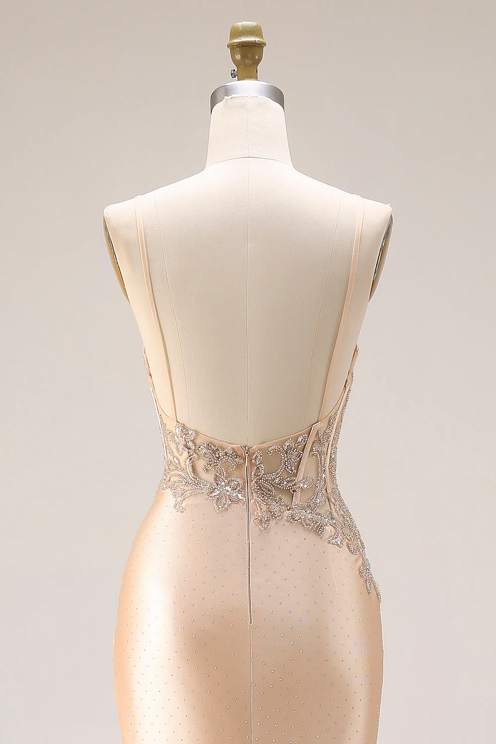 Champagne Beaded Mermaid Corset Long Satin Prom Dress with Slit - Image 5
