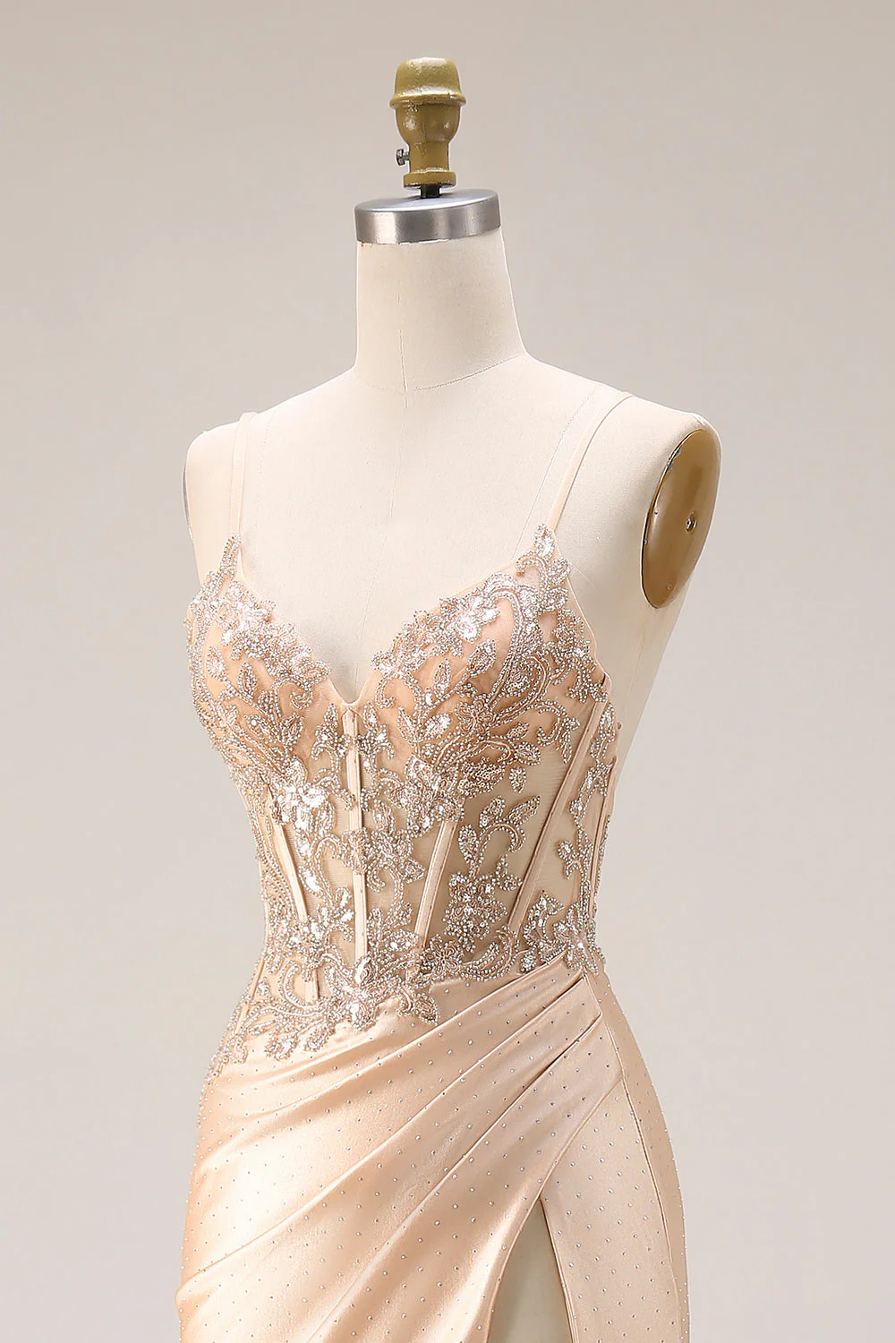 Champagne Beaded Mermaid Corset Long Satin Prom Dress with Slit - Image 6