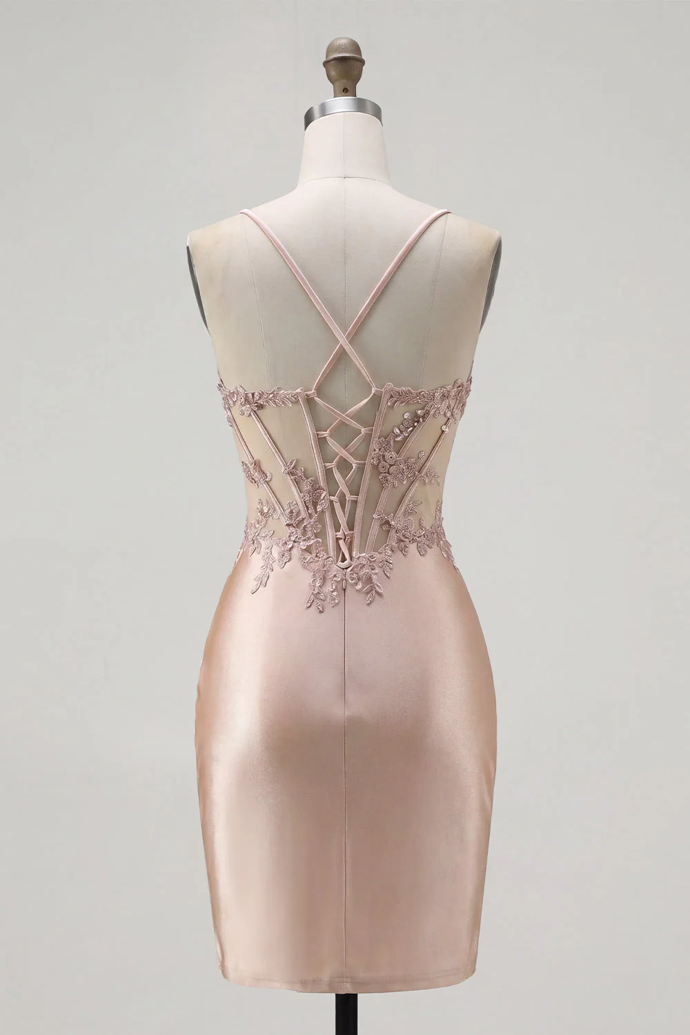 Champagne Sheer Corset Bodycon Ruched Beaded Cocktail Dress - Image 2