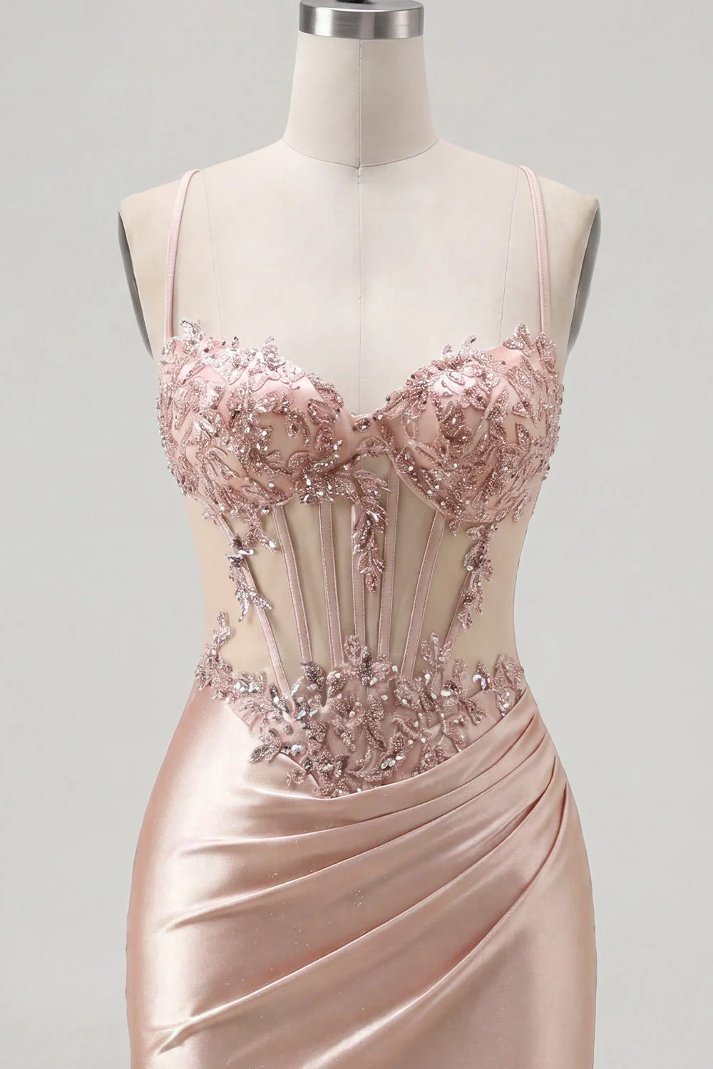 Champagne Sheer Corset Bodycon Ruched Beaded Cocktail Dress - Image 7