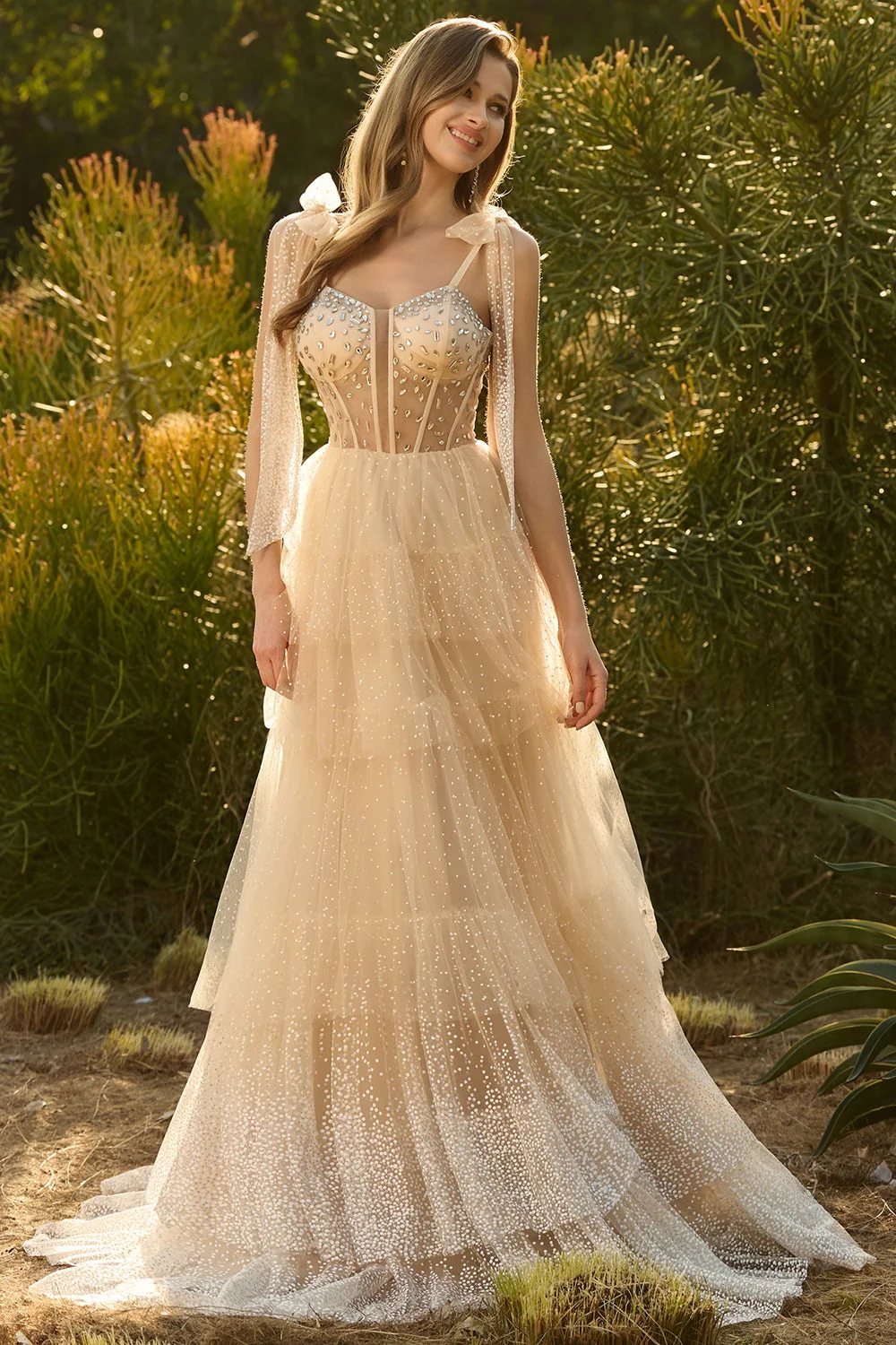 Champagne Corset A Line Ruffled Beaded Long Prom Dress with Lace Up Back - Image 4