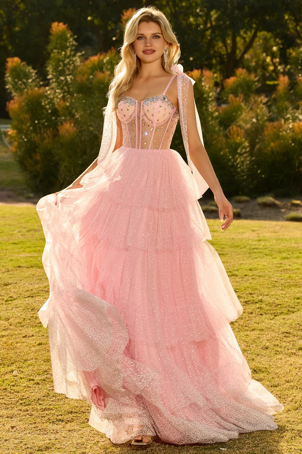 Champagne Corset A Line Ruffled Beaded Long Prom Dress with Lace Up Back - Image 9