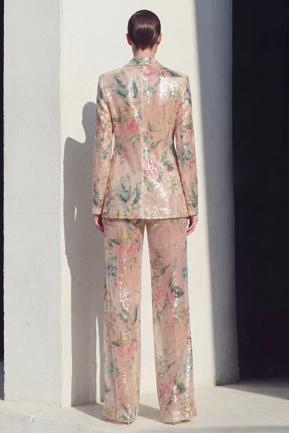 Champagne Floral 2 Piece Single Breasted Wide Leg Notched Lapel Prom Suits - Image 2