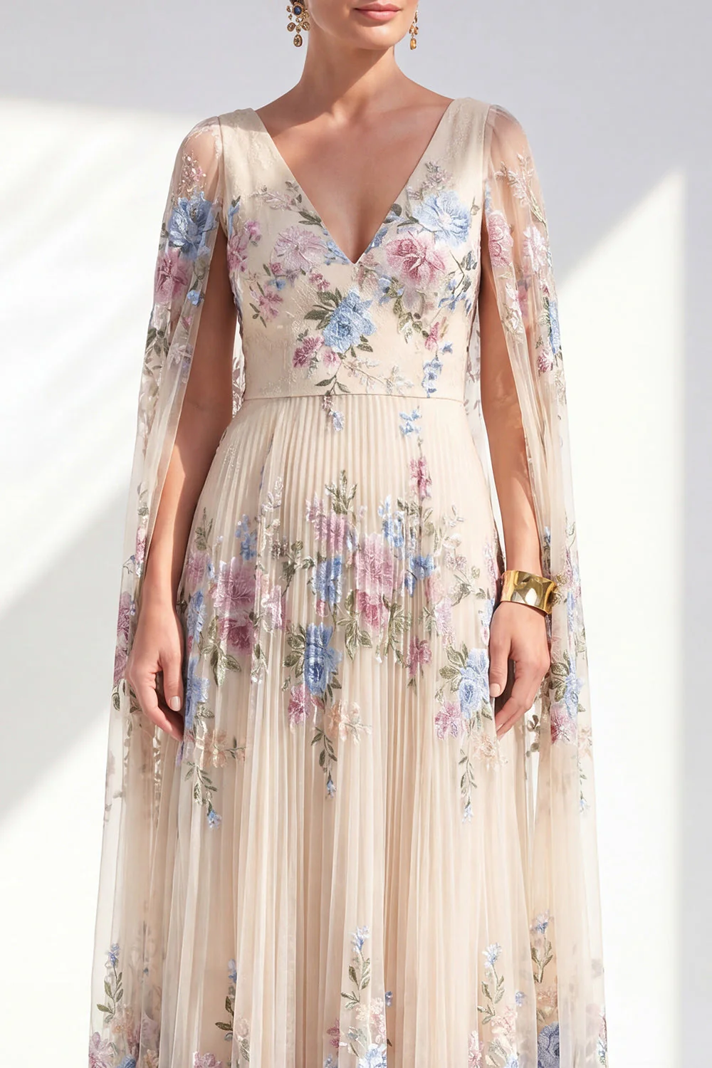 Champagne Floral A-Line Pleated Mother Of the Bride Dress with Cape Sleeves - Image 2