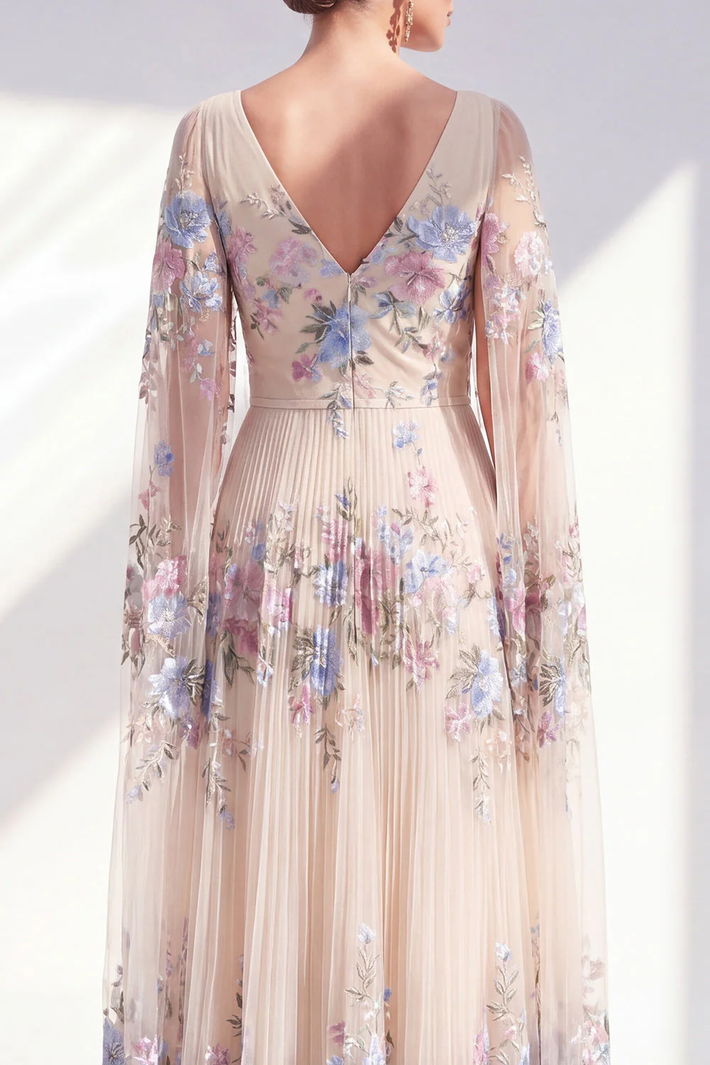 Champagne Floral A-Line Pleated Mother Of the Bride Dress with Cape Sleeves - Image 3