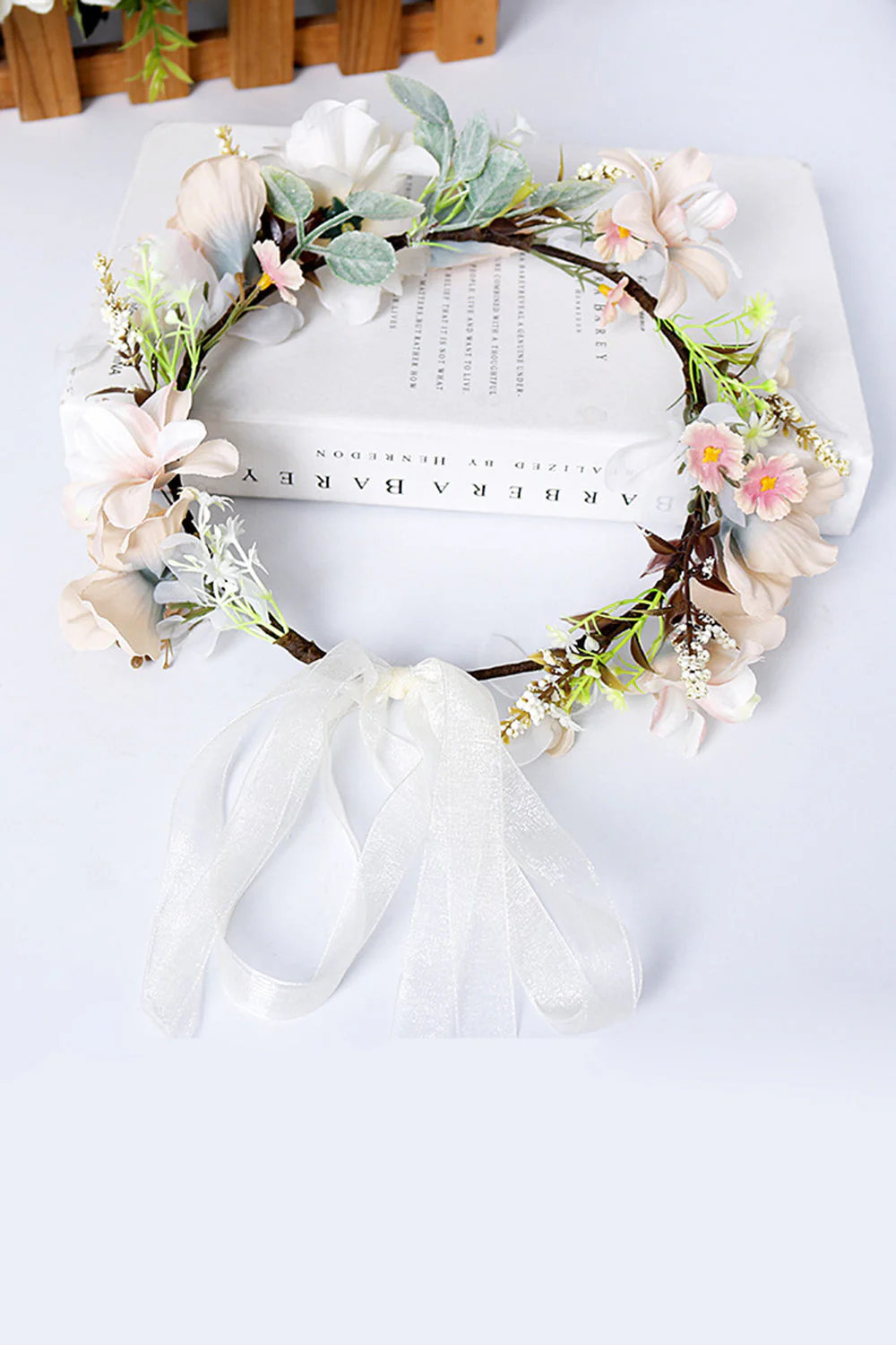 Champagne Floral Wreath Garland Bride Headband with Ribbon - Image 3