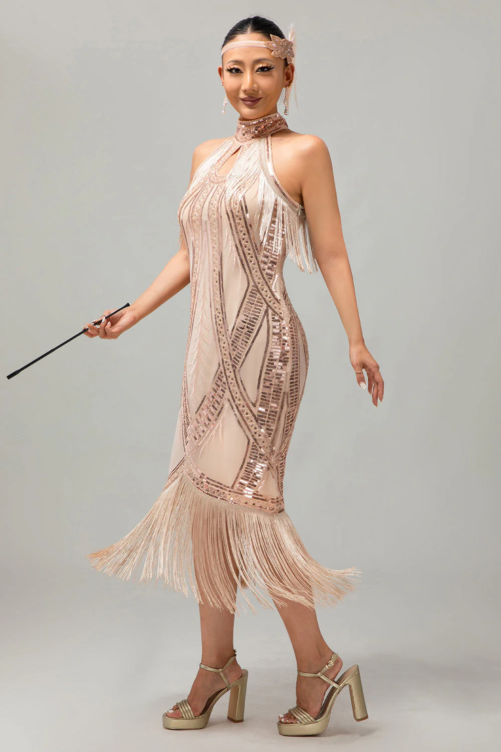 Champagne Halter Sequin Keyhole Fringed 1920s Dress - Image 4