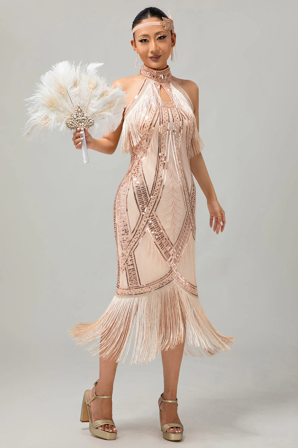 Champagne Halter Sequin Keyhole Fringed 1920s Dress - Image 5