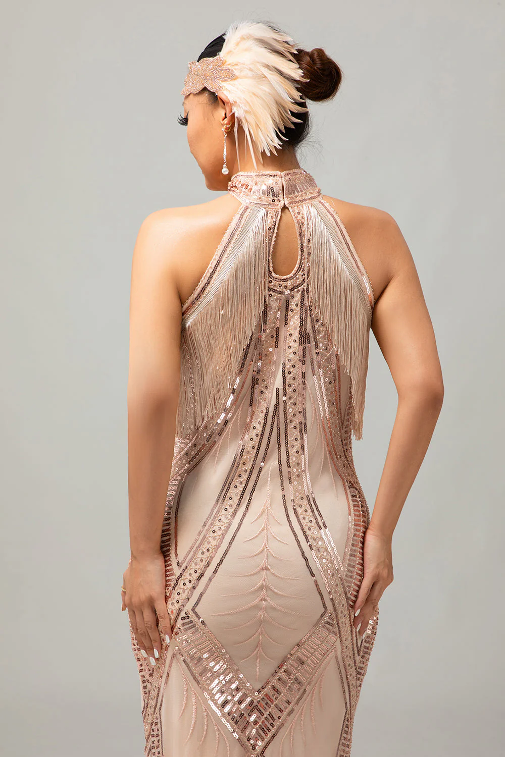 Champagne Halter Sequin Keyhole Fringed 1920s Dress - Image 6