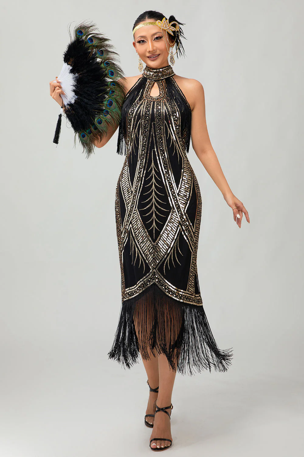 Champagne Halter Sequin Keyhole Fringed 1920s Dress - Image 8