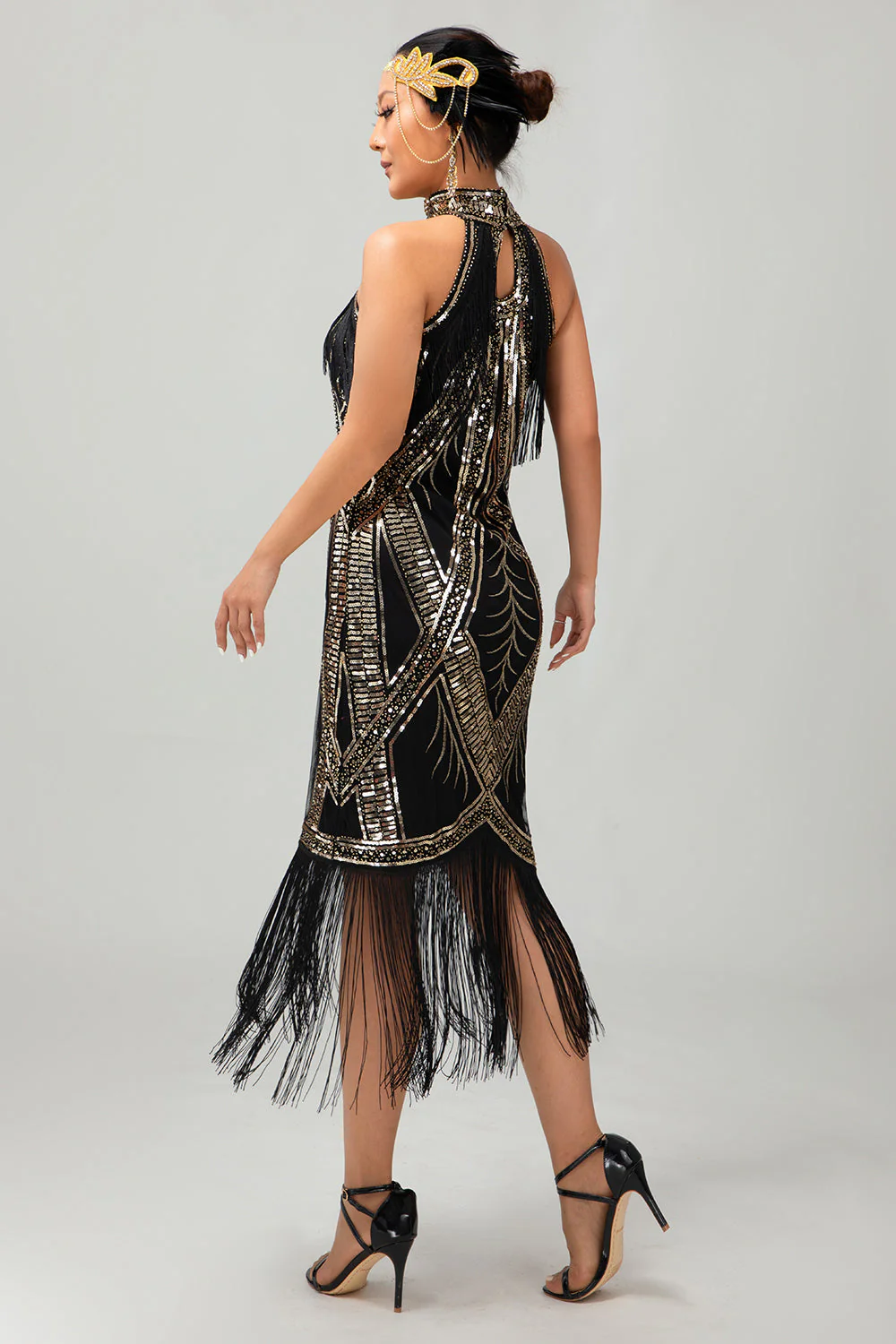 Champagne Halter Sequin Keyhole Fringed 1920s Dress - Image 9