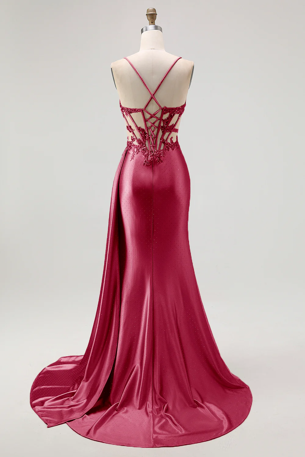 Champagne Mermaid Corset Beaded Satin Long Prom Dress with Slit - Image 10