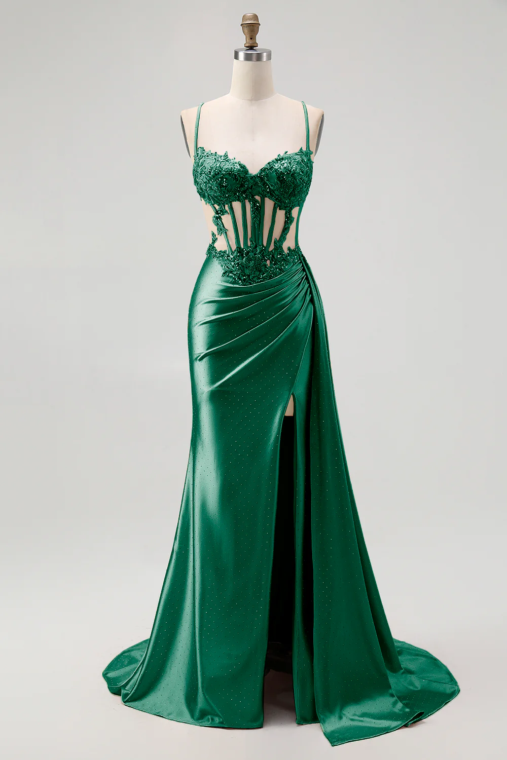 Champagne Mermaid Corset Beaded Satin Long Prom Dress with Slit - Image 11