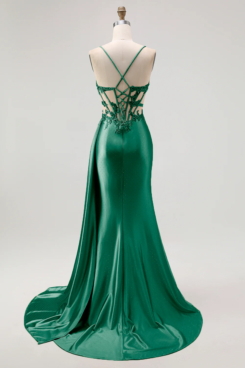Champagne Mermaid Corset Beaded Satin Long Prom Dress with Slit - Image 12