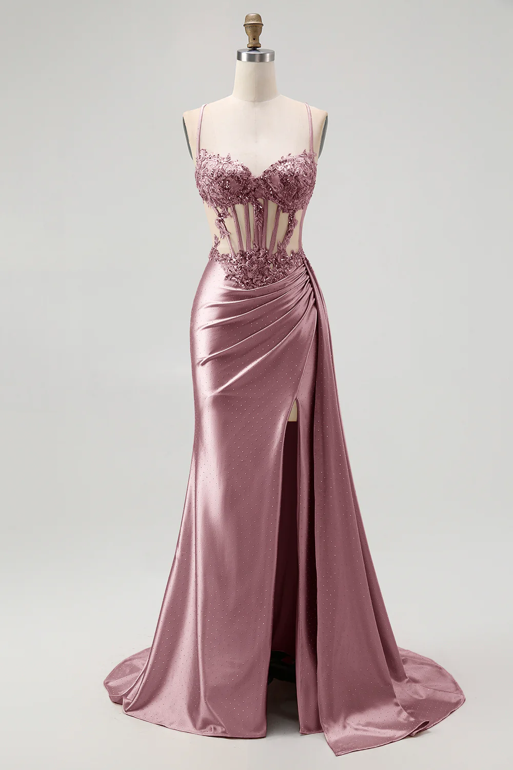 Champagne Mermaid Corset Beaded Satin Long Prom Dress with Slit - Image 13