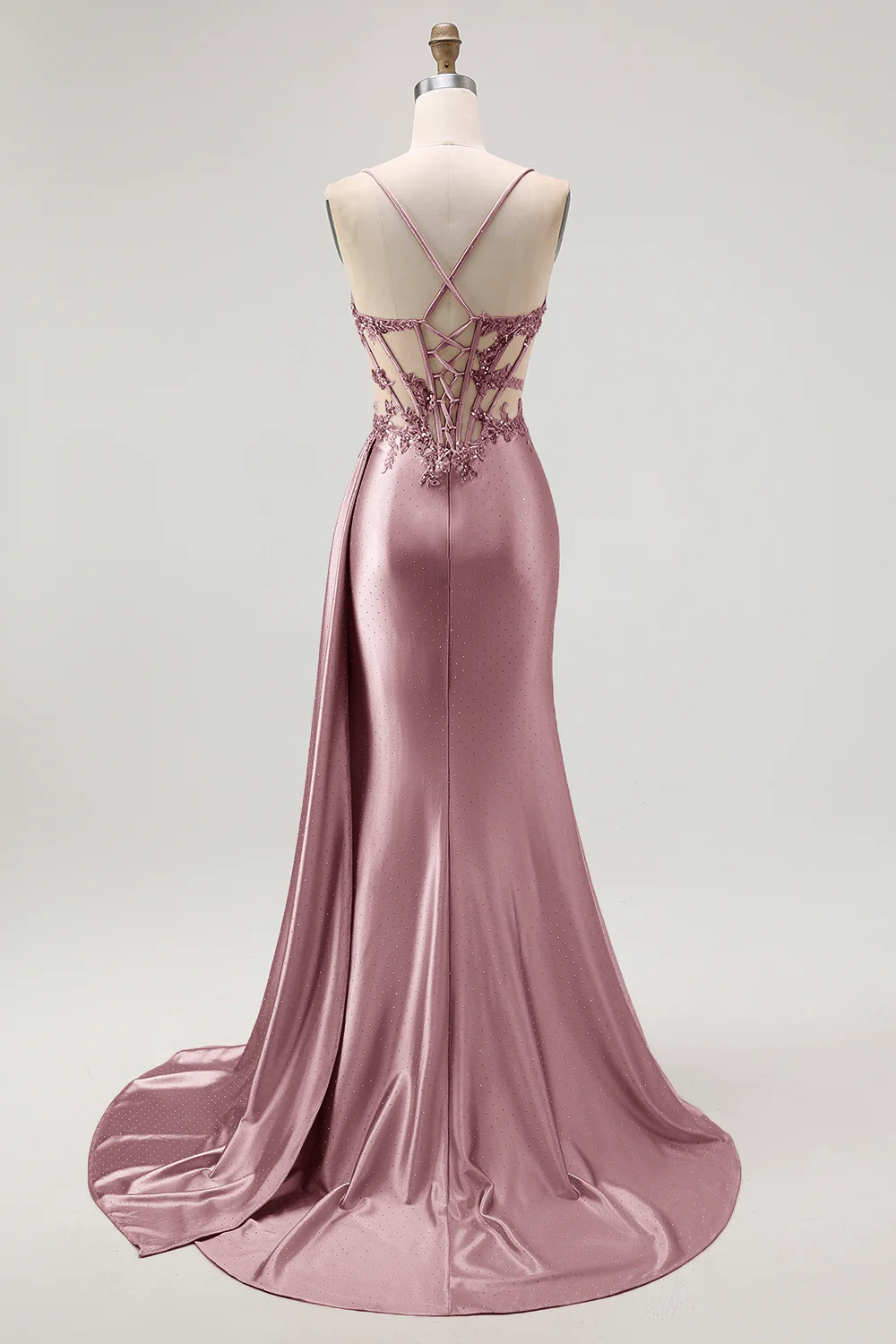 Champagne Mermaid Corset Beaded Satin Long Prom Dress with Slit - Image 14