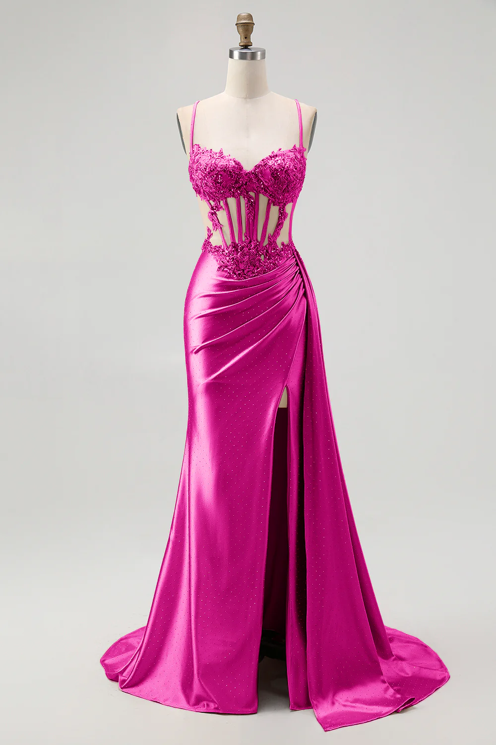Champagne Mermaid Corset Beaded Satin Long Prom Dress with Slit - Image 15